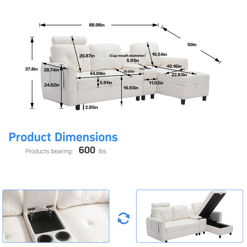 Canapé et méridienne de 88,98 po de large à gauche, 100 % polyester blanc