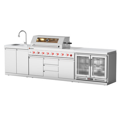 Ensemble d'îlot de cuisine extérieur modulaire VESTIVium - Barbecue au gaz naturel à 6 brûleurs en acier inoxydable 304 avec brûleur latéral et infrarouge, meuble-lavabo, réfrigérateur à deux portes et comptoir en quartz blanc