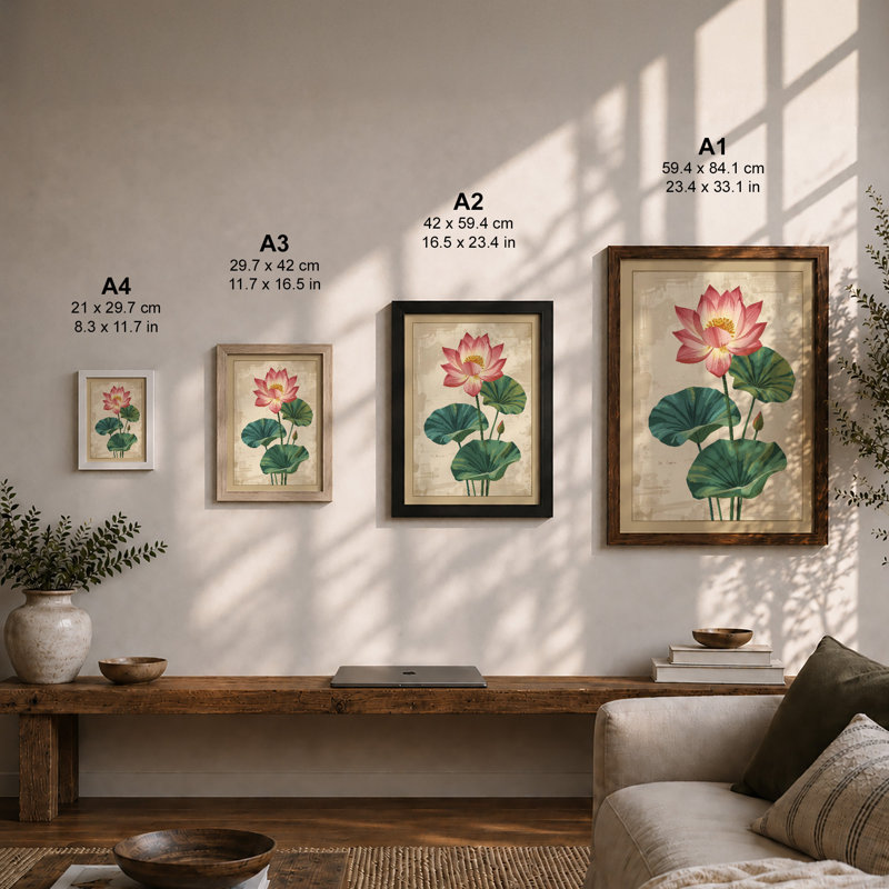 Lotus in Bloom Botanical - Framed Print, A4 - 29.7 x 21.0 cm, White