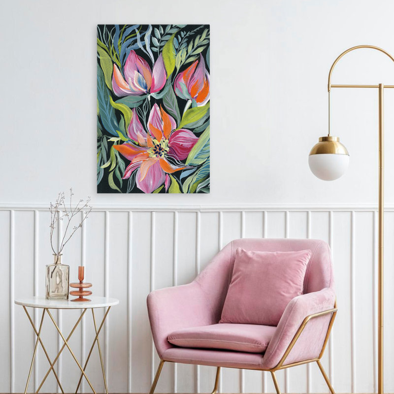 Midnight Delight contemporain noir floral vert orange, H 24 po x l 16 po