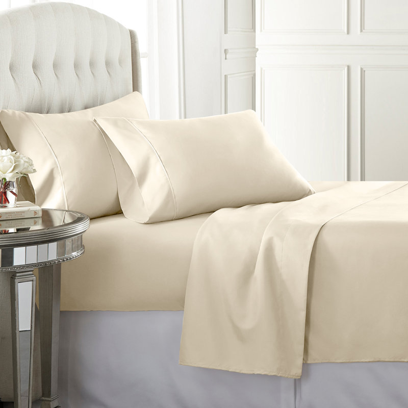 Egyptian Cotton Sateen Sheet Set, 600, Ivory, Olympic Queen Sheet Set with Fitted Sheet