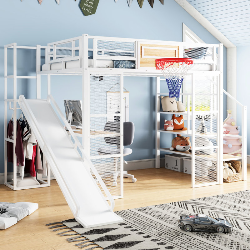 Lit mezzanine double en métal, blanc, avec bureau, garde-robe, cerceau, glissade et escalier