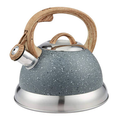 Creative Home 2.3 qt. Stainless Steel Whistling Tea Kettle Teapot with Ergonomic Wood Rubber Touching Handle, Opaque Gray with Speckle 11273