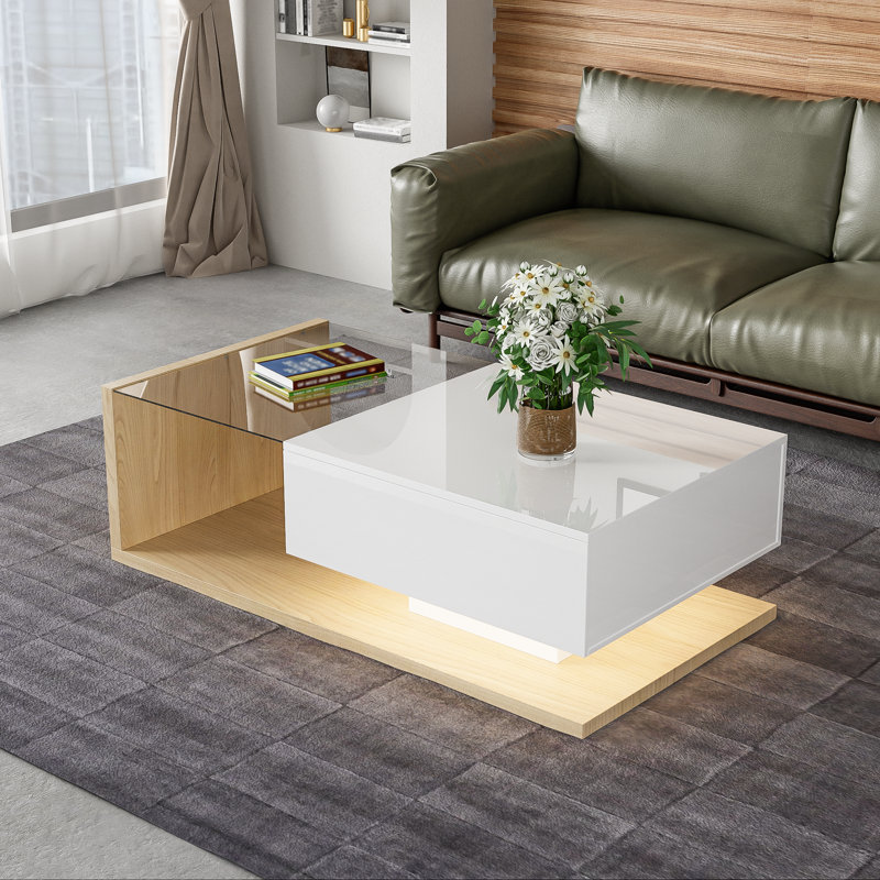 Solid Coffee Table with Storage, Yellow/White