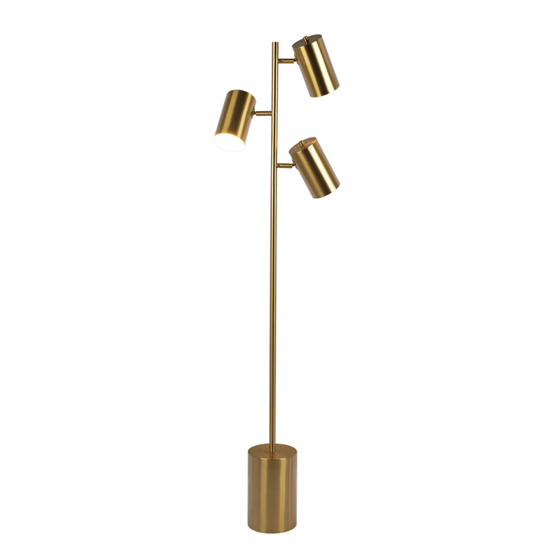 Lampe sur pied Harmony en laiton doré avec interrupteur rotatif - Éclairage de travail moderne à trois points avec base en bloc de métal stable pour le salon et la chambre à coucher
