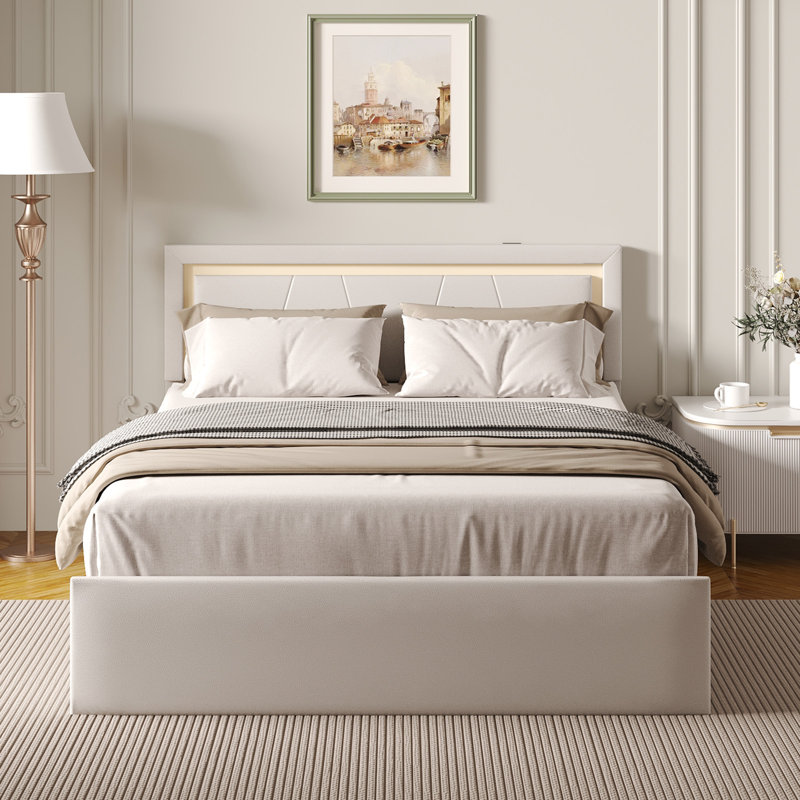 Full Bed Frame With 4 Storage Drawers, Led Lights And Usb Ports, Upholstered Platform Bed Solid Wooden Slats Support, Beige