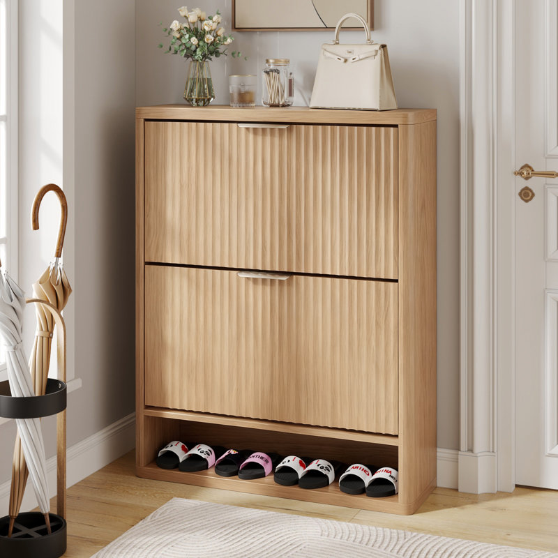 Fluted Shoe Storage Cabinet For Entryway With 2 Flip Drawers,wooden Enclosed Thin Todorka With Metal Handles And Anti Tipping Devicesuitable For Living Rooms,entrances