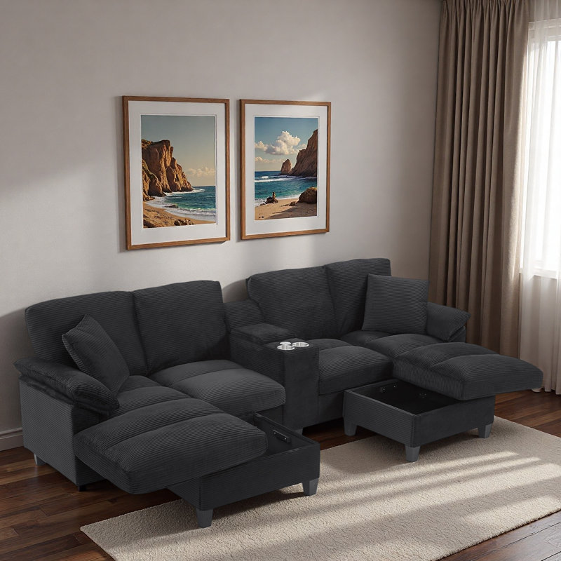 Canapé modulaire moderne en forme de U avec porte-gobelets, ports USB et repose-pieds avec rangement, Black Corduroy