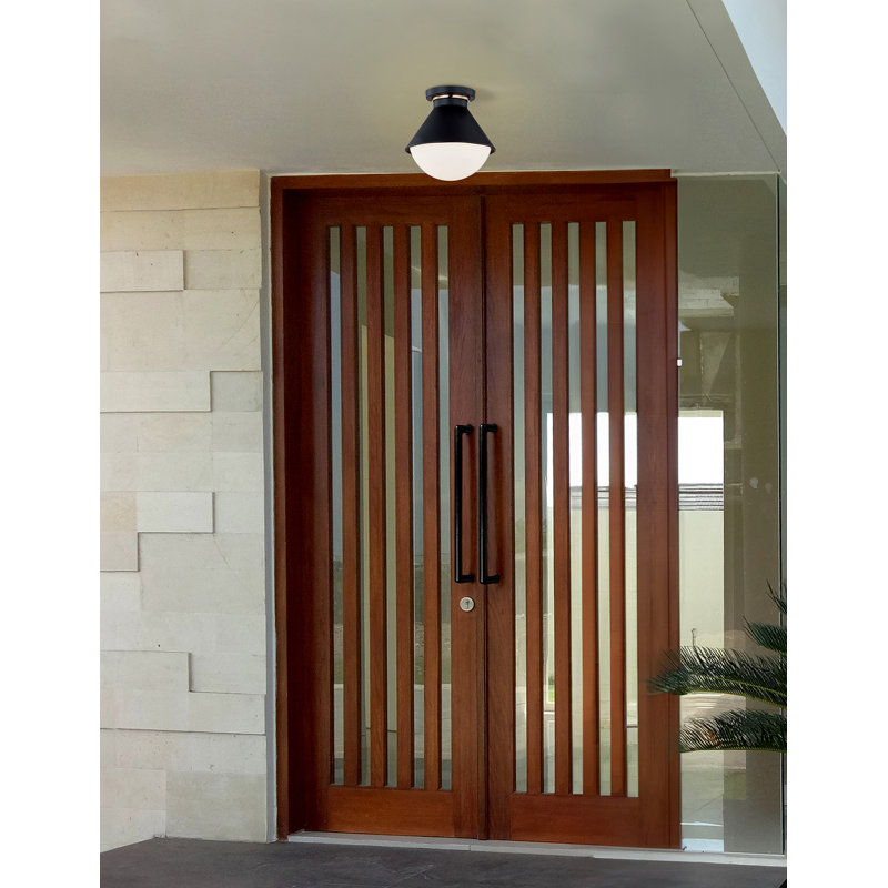 Fusion - Ravelle Outdoor Semi-Flush -Matte Black w/ Brass Ring-Opal Glass Shade, 7.5" H x 7.25" W x 7.25" D