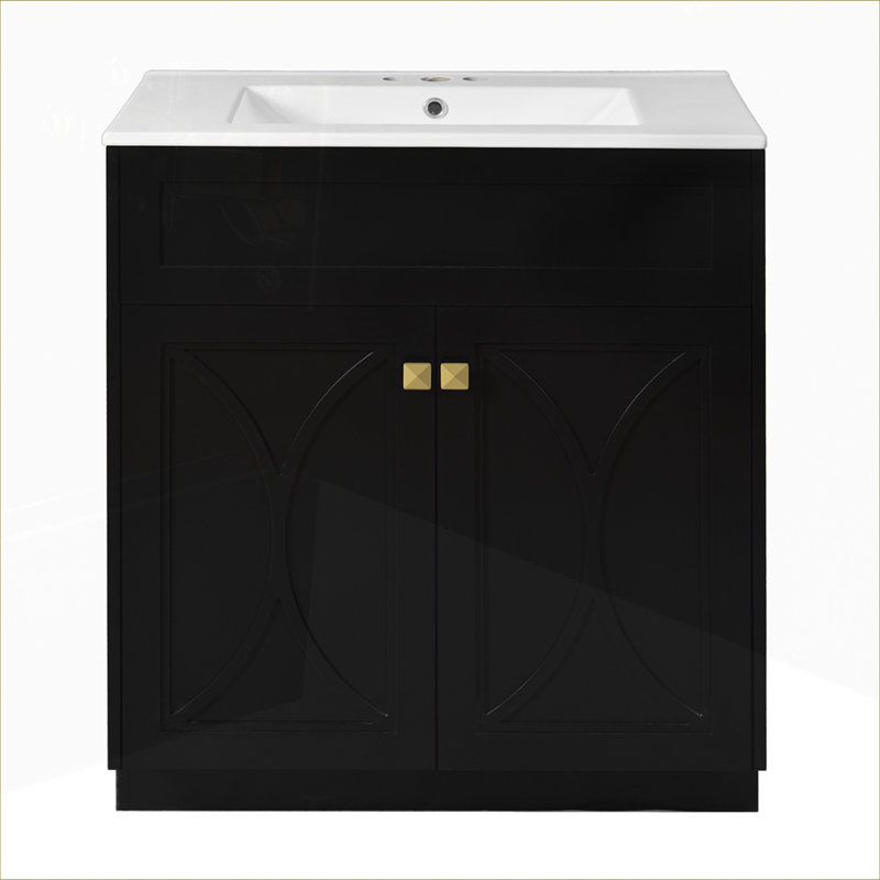 Bathroom Vanity with Ceramic Sink Combo Freestanding Storage Cabinet with Handles, Black