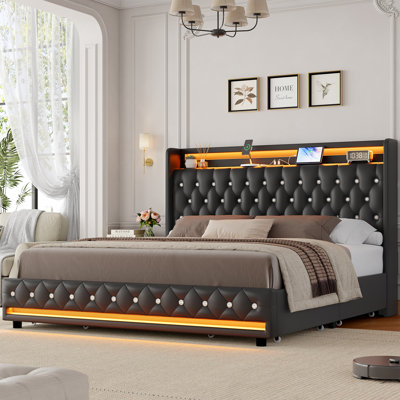 Glastonbury Upholstered Wingback Bed, 2 Drawers Storage Bed with LED Light