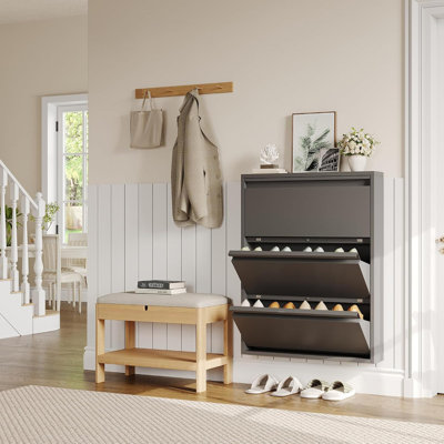 Armoire à chaussures en métal ultra-mince de 6 po avec 3 tiroirs rabattables, à fixation murale ou sur pied, pour l'entrée