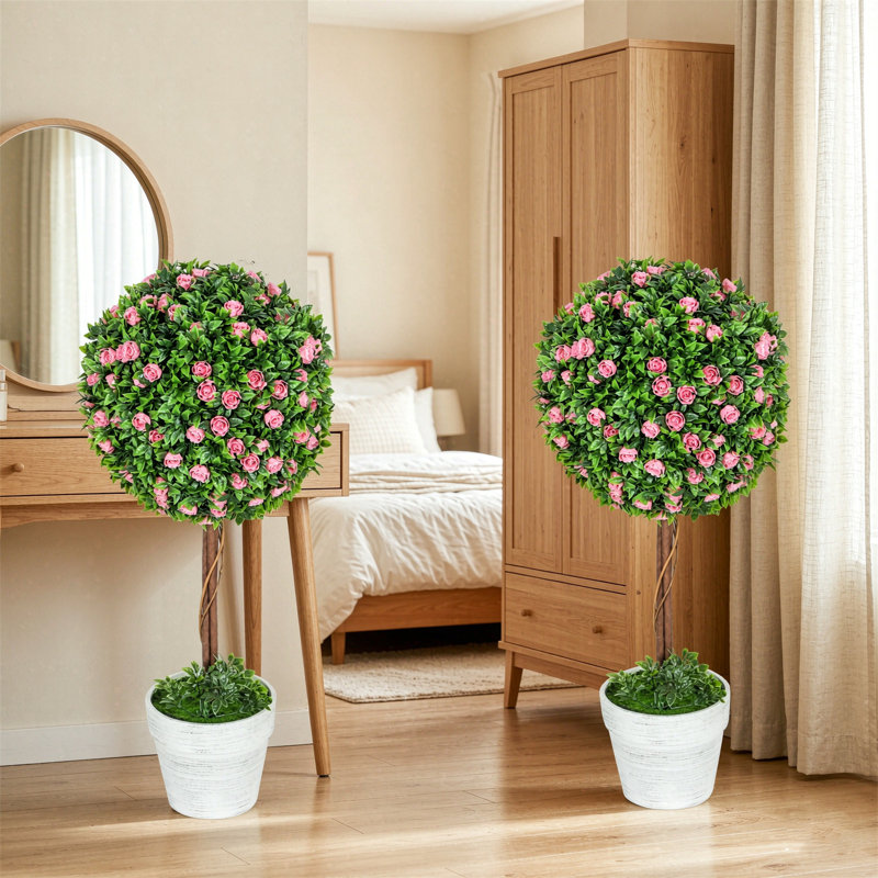 Set of 2 decorative ball topiary tree with rose flower in pot, Pink