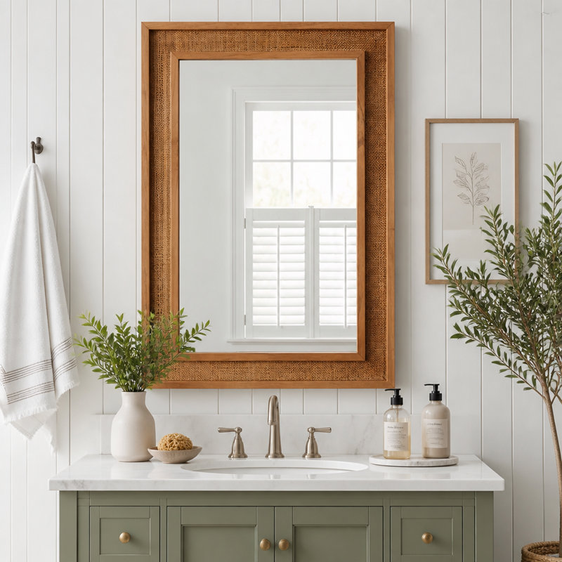 Rattan Rectangle Solid Wood Frame Mirror, 24"x36", Natural Wood
