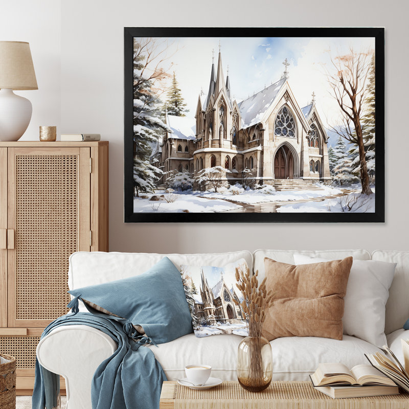 Chapelle de mariage blanche, aquarelle d'hiver rustique, Cadre simple noir, H 24 po x l 32 po x P 1 po