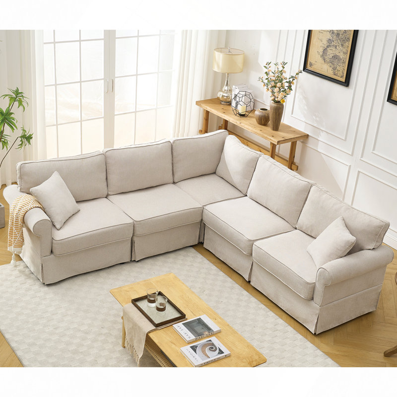 Canapé modulaire 5 places en lin avec coussin décoratif, Beige
