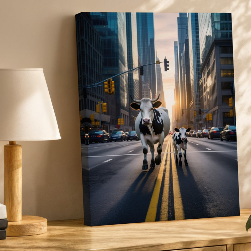 Toile dans un paysage urbain vibrant, une grande vache blanche avec art mural, H 12 po x l 9 po