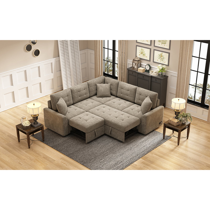 Canapé-lit escamotable en forme de L de 82,6 po avec roulettes, ports USB, prises de courant SG001230AA, kaki, 5, Kaki