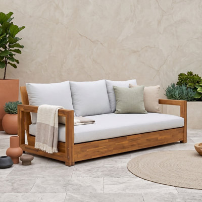 Canapé d'extérieur en bois d'acacia à trois places avec coussins