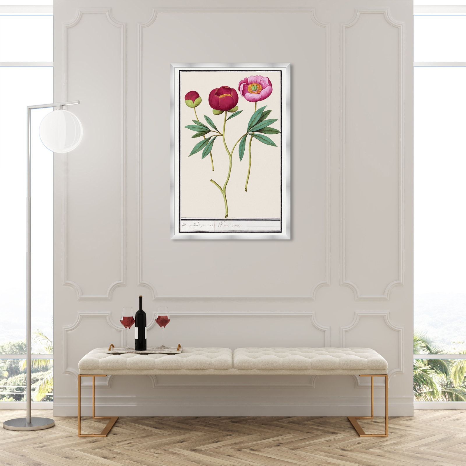 Red and Pink Peony Botanical Study Print, Silver, 47" H x 32" W