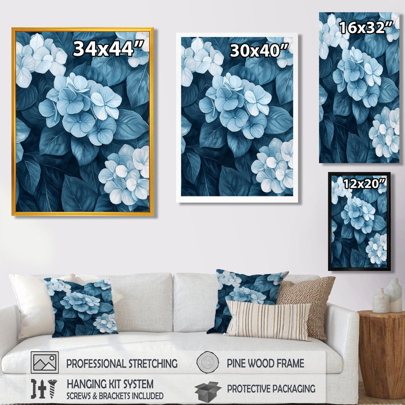 Monogramme d'hydrangées monochromes - art mural hortensias, Noir, Reproduction avec cadre flottant, H 20 po x l 12 po