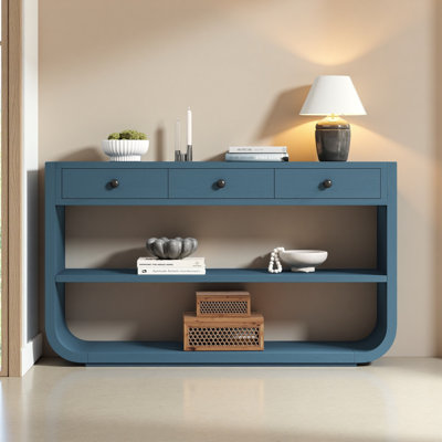 Modern Curved Console Table With 3 Soft-Close Drawers & 2 Open Shelves, Solid Wood Base