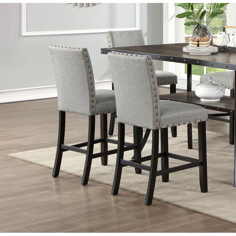 Ensemble de 2 chaises de salle à manger en tissu gris avec coussins moelleux et têtes de clou