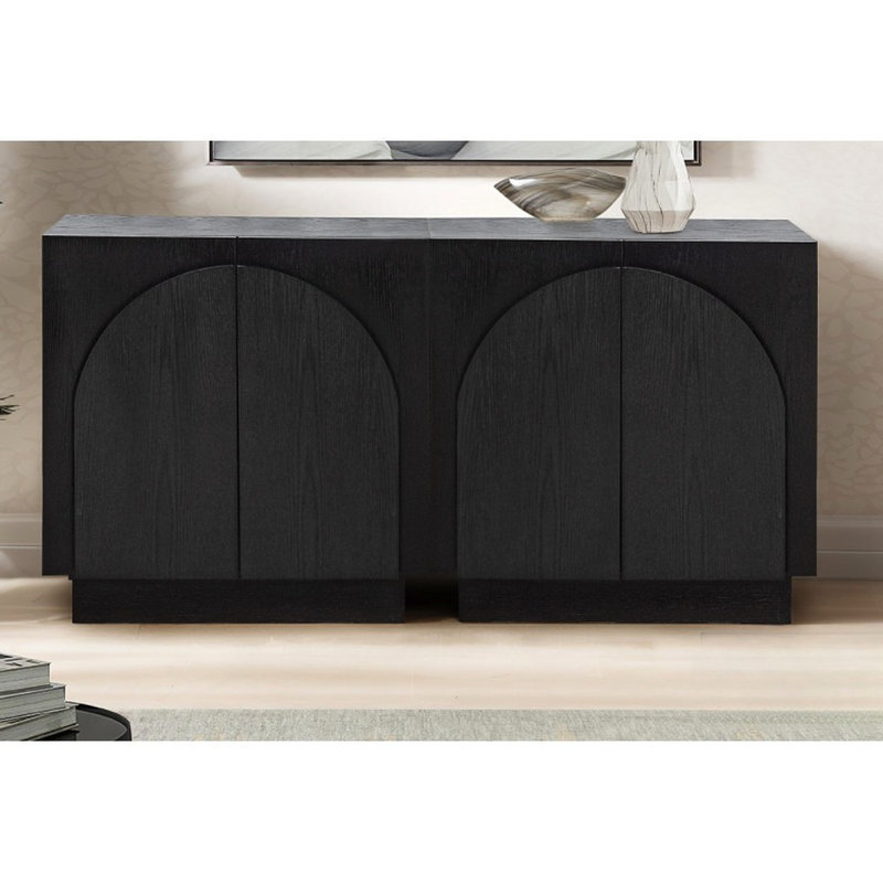 Buffet noir de style Mid-Century, rangement en bois de cuisine ou de salon, coins arqués, chêne moderne propre, armoire, conception à rebords arrondis, facile à installer