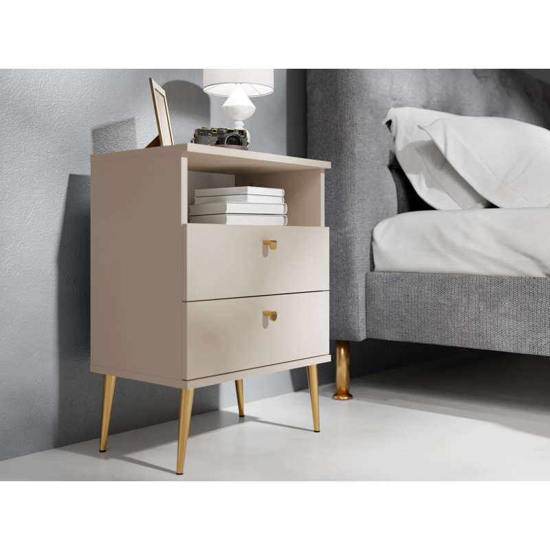 Abbegayle bedside table with a drawer, golden handles and feet, Beige
