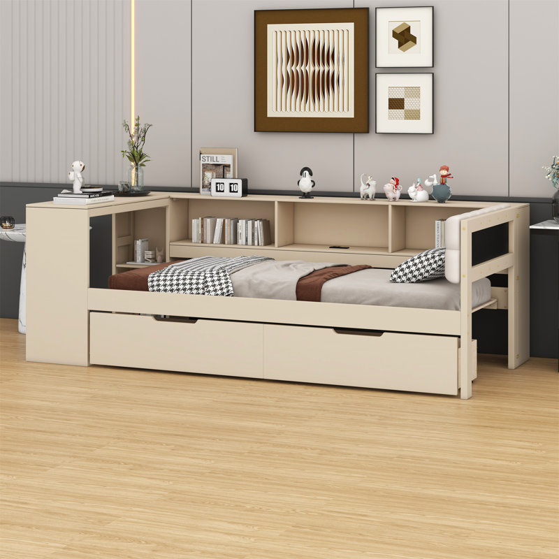 Lit plateforme en bois avec tablettes de rangement, tiroirs, station de charge et tête de lit tapissier, Lit simple, Crème