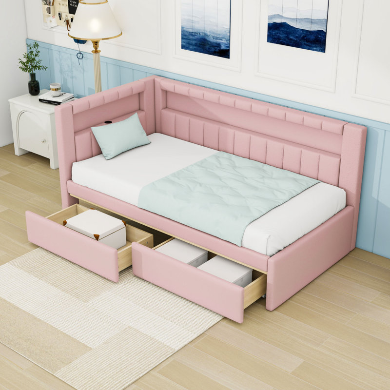Twin Size Upholstered Daybed with USB Ports and LED Lighting, Pink