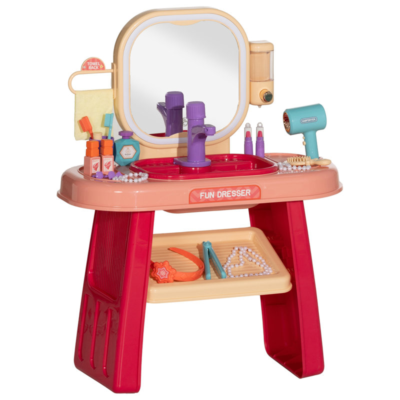 Qaba Vanity Set, Toddler Makeup Table with Faucet, Mirror, LED Light, Music, 23 Accessories, Pretend Play Set for Girls 3-6 Years