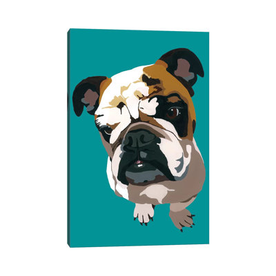 Bulldog On Teal by Julie Ahmad - Wrapped Canvas Print