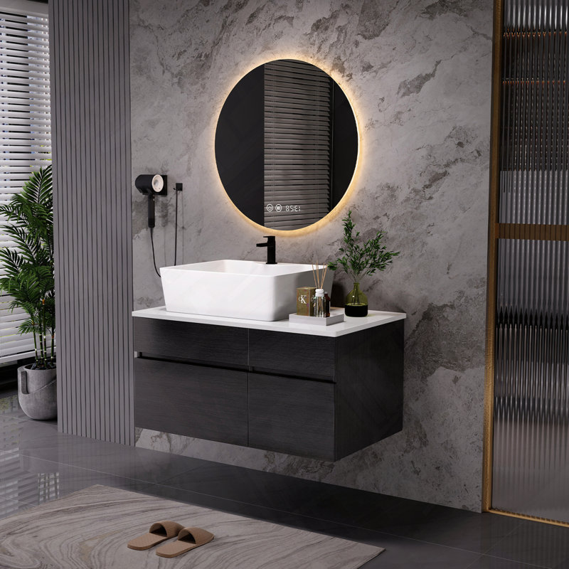 Meuble-lavabo flottant simple avec lavabo et armoire en placage durable