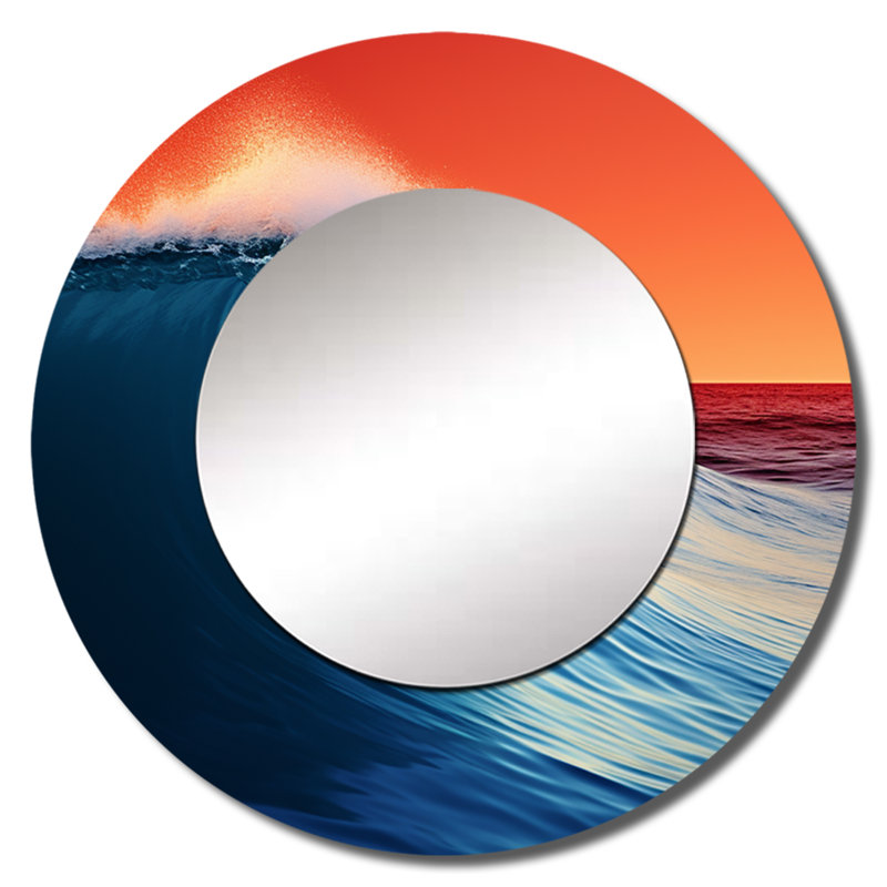 Rokuro Minimalisme, vague bleue et orange, lever de soleil - grand miroir côtier, décor de miroir mural rond bleu unique, impression d'art en métal