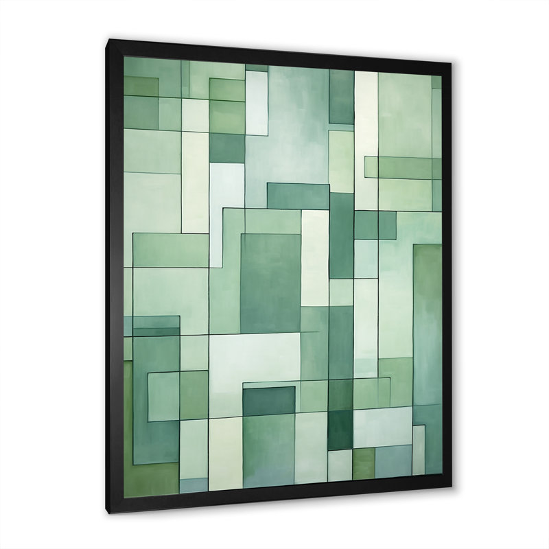 «Green Cubic Line», art déco I sur toile, Cadre simple noir, H 20 po x l 12 po x P 1 po