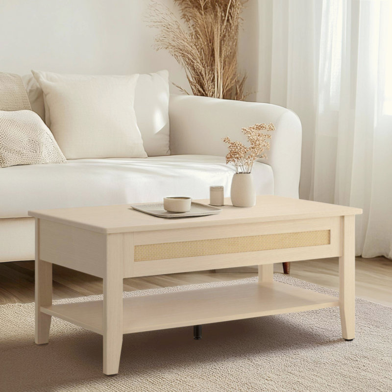 Table basse à plateau relevable avec rangement et tablette inférieure ouverte