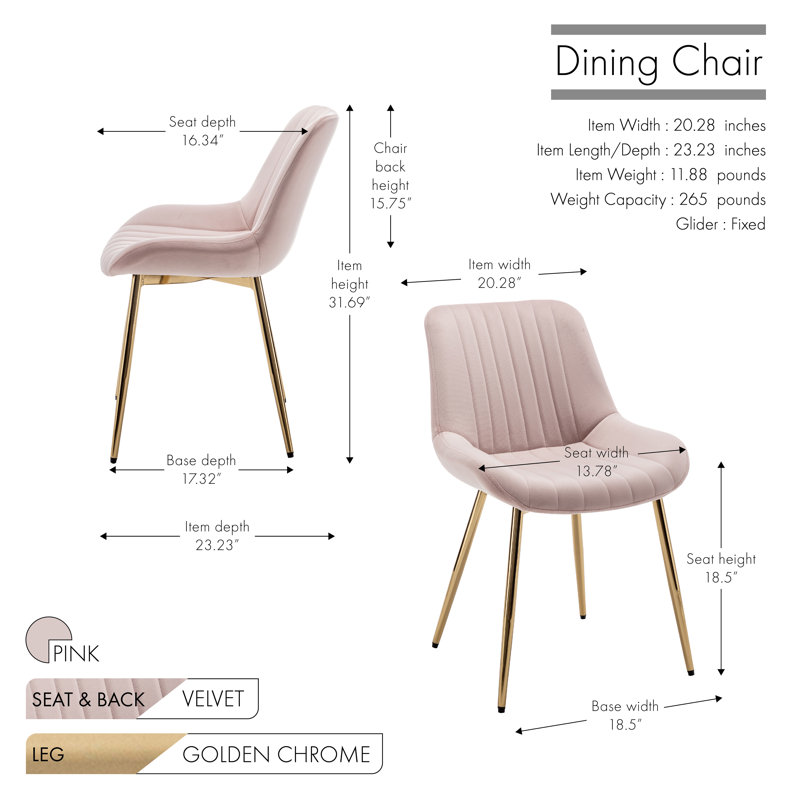 47cm H Velvet Upholstered Upholstered Back Side Chair, Pink