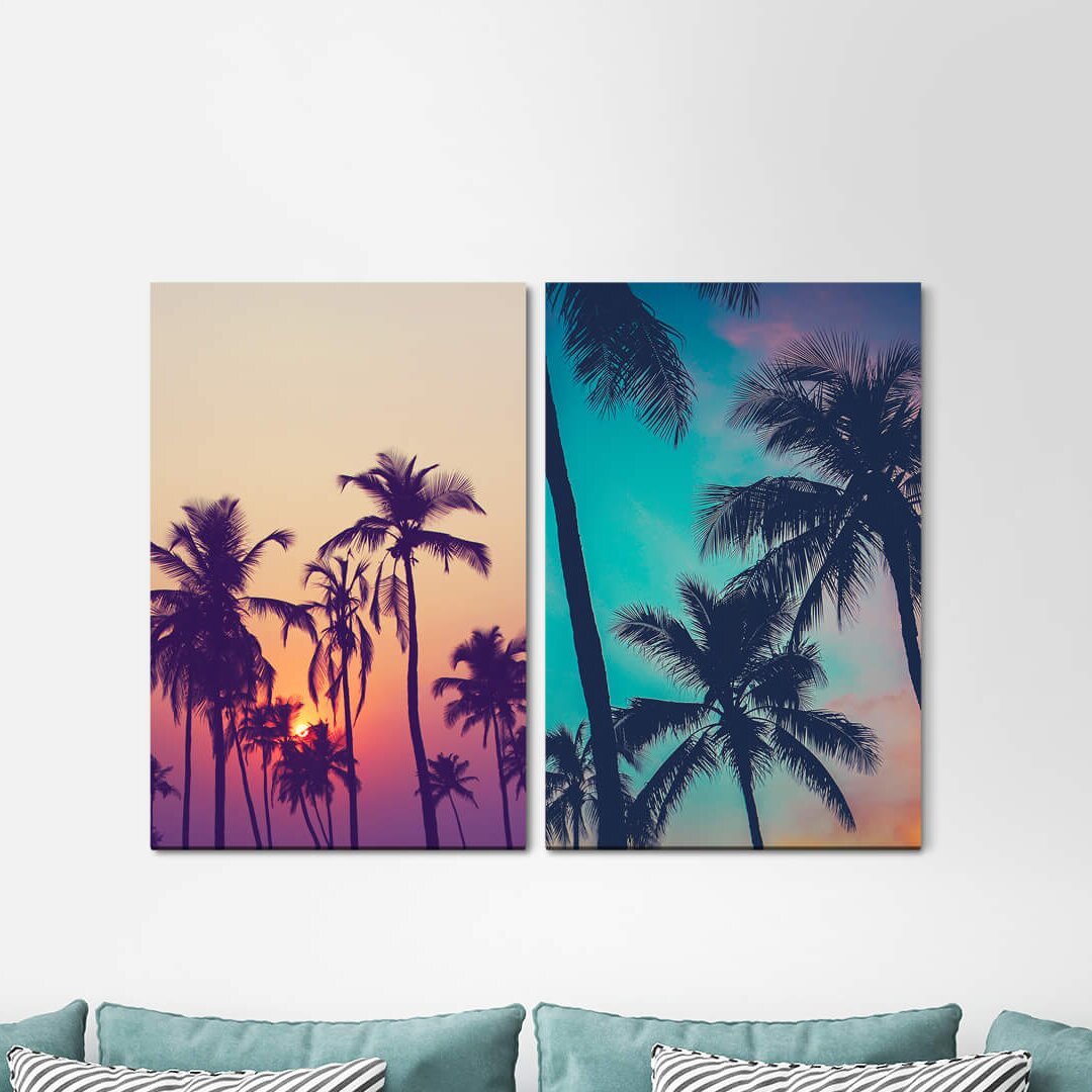 2-tlg. Leinwandbilder-Set - Grafikdruck „Palms South Summer California Caribbean Coconut Vacation”