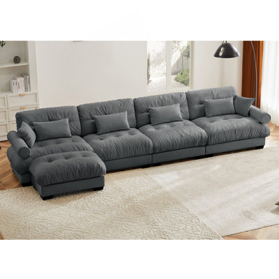 L Shaped Sectional Cloud Sofa, Convertible Deep 4 Seater Modular Couch for Living Room, Modern Velvet Comfy Upholstered Corner Couch with Waist Pillows, Throw Pillows, and Bolstered Armrests, Cream