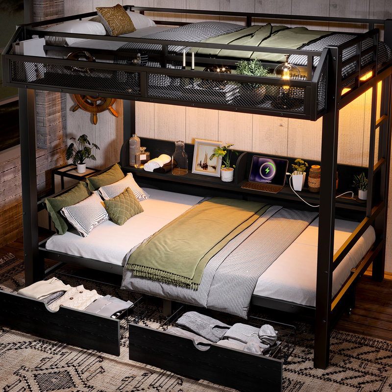 Twin Over Metal Bunk Bed, Black, With Storage, , Led, And Convertible Lower Bed For Family Functional Spaces Twin, Ports, Led Lights, Modern Space - Efficient Bedrooms
