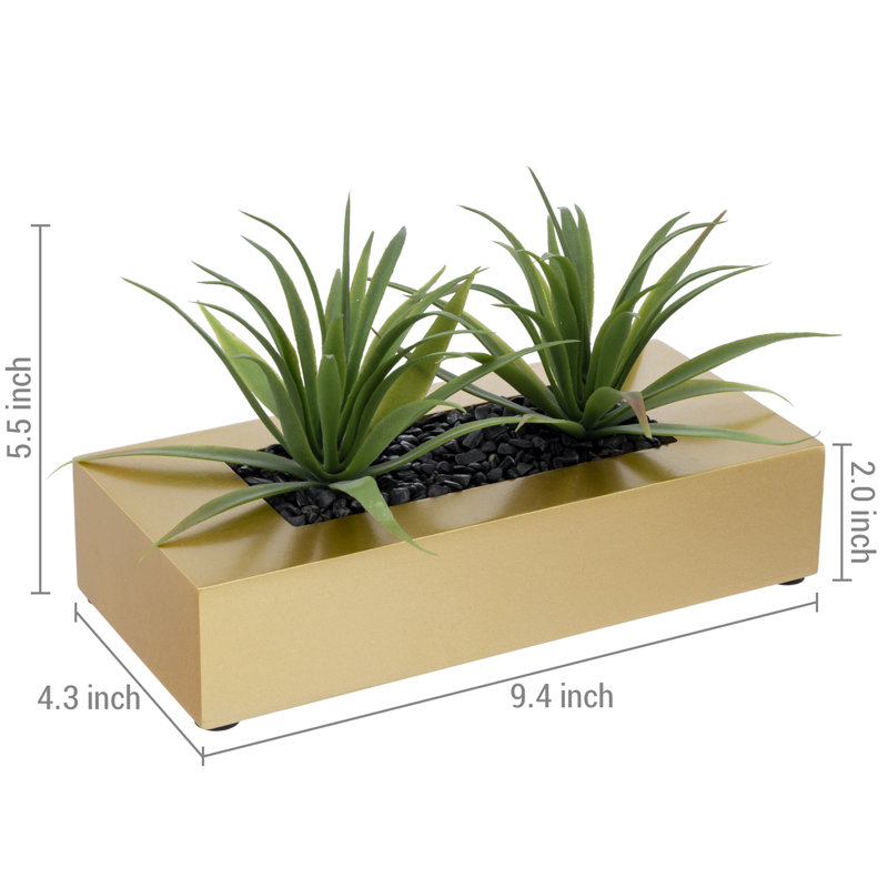 14 cm H Faux Onion Grass Plant in Solid Wood Planter, Gold