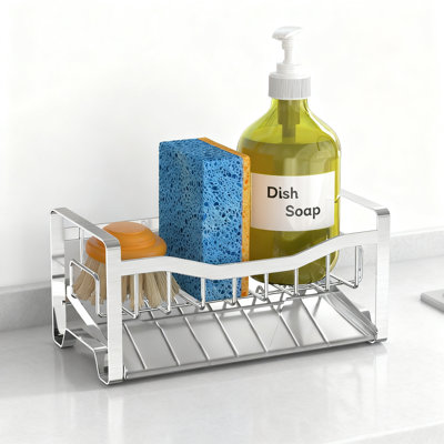 Organisateur de chariot d'évier de cuisine en acier inoxydable avec plateau de drainage automatique et support à éponge, support de comptoir avec conception creuse pour un séchage rapide