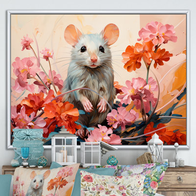 «Pink Curious Rat Blooms II - Mouse Animal», art mural