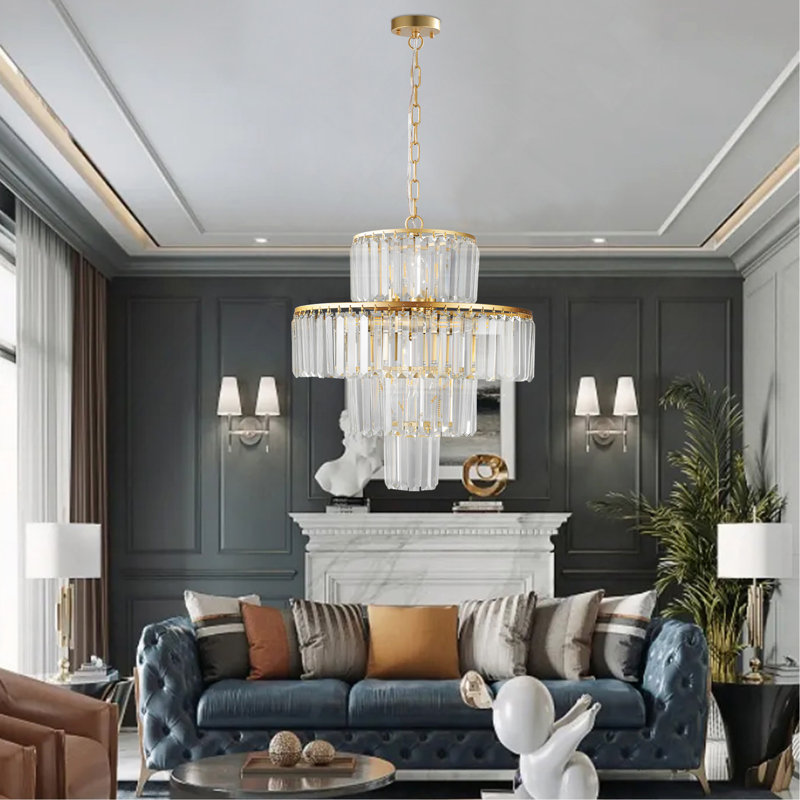 Lustre en cristal doré 12 lumières de luxe à 4 niveaux de 20 po, cadre suspendu, éclairage de plafond élégant pour le salon, la salle à manger et la chambre à coucher