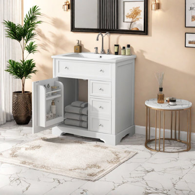 Meuble-lavabo autoportant moderne 30 po avec lavabo, bois massif et bois aggloméré, espace de rangement spacieux pour la salle de bain