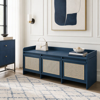 Banc de rangement pour chaussures de 48 po, banc de rangement rétro avec tiroirs en rotin et coussin amovible rembourré à boutons