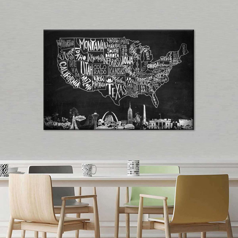 Carte des États-Unis sur toile, H 8 po x l 12 po x P 1 po