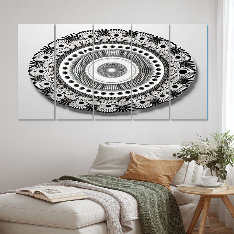 Mandala sacré en noir et blanc rétro - art mural boho mandala sur toile - 5 panneaux égaux