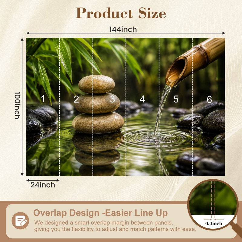 Murale Papier peint auto-adhésif Zen Spa Bamboo Water Stacked Stones Rippling Water Tranquil, 100" L x 144" W